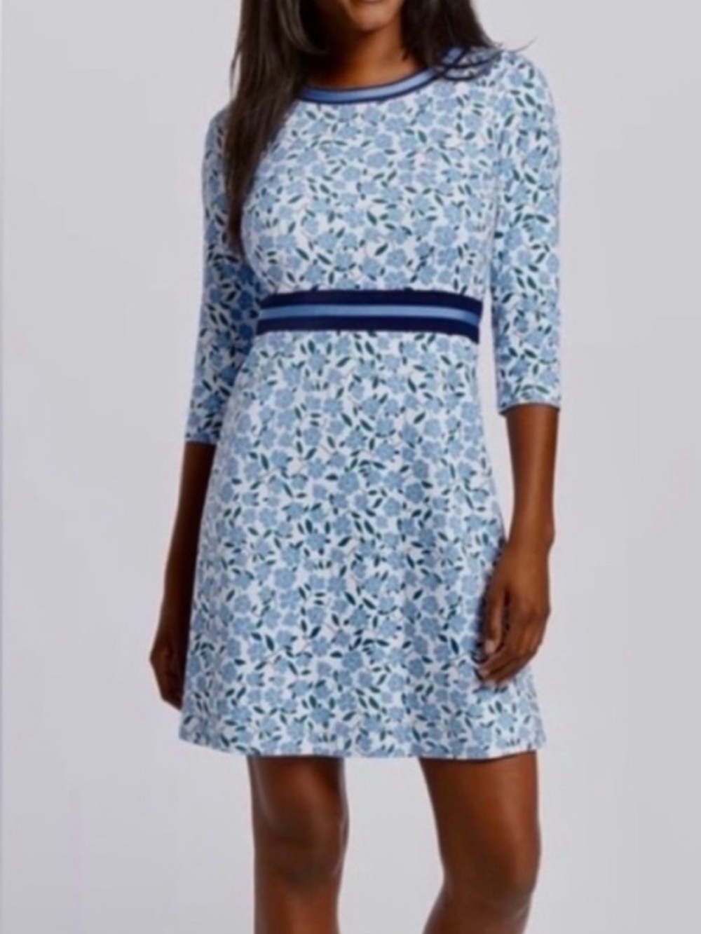 Draper James Light Blue Floral Mini Dress with Navy Trim
